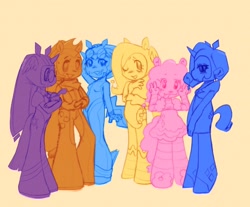 Size: 2048x1695 | Tagged: source needed, safe, artist:ombnom, applejack, fluttershy, pinkie pie, rainbow dash, rarity, twilight sparkle, earth pony, pegasus, pony, unicorn, anthro, g4, clothes, glasses, looking at you, mane six, one eye closed, pants, simple background, skirt, smiling, wink