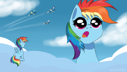 Size: 3500x2000 | Tagged: safe, artist:harleneap, misty fly, rainbow dash, silver lining, silver zoom, wind waker, pegasus, pony, g4, amazed, atg 2023, cloud, female, filly, filly rainbow dash, high res, newbie artist training grounds, sky, wonderbolts, younger