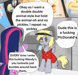 Size: 744x720 | Tagged: source needed, safe, artist:ombnom, derpy hooves, twilight sparkle, pegasus, pony, unicorn, g4, animated, clothes, duo, mcdonald's, sound, text, webm, working