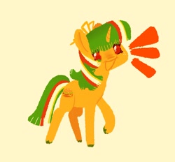Size: 1424x1323 | Tagged: source needed, safe, artist:ombnom, oc, oc only, oc:burger mare, pony, unicorn, looking at you, simple background, smiling, solo, yellow background