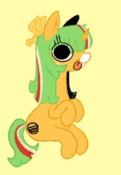 Size: 1260x1824 | Tagged: source needed, safe, artist:ombnom, oc, oc only, oc:burger mare, pony, unicorn, simple background, sitting, solo, tongue out, yellow background