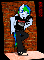 Size: 1650x2232 | Tagged: safe, artist:xxv4mp_g4z3rxx, oc, oc only, pegasus, pony, anthro, anthro oc, bipedal, blue eyes, clothes, denim, ear piercing, folded wings, jeans, pants, phone, piercing, shirt, shoes, solo, t-shirt, tail, two toned mane, two toned tail, wings
