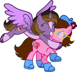 Size: 956x894 | Tagged: safe, artist:maverickmam, artist:muhammad yunus, oc, oc only, oc:princess kincade, oc:tiffany fisher, alicorn, earth pony, pony, g4, alicorn oc, base used, best friends, clothes, cute, duo, duo female, earth pony oc, eyes closed, female, flower, glasses, grin, gritted teeth, happy, hat, horn, hug, mare, ocbetes, shoes, simple background, smiling, teeth, transparent background, wings