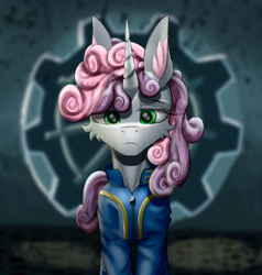 Size: 2060x2160 | Tagged: safe, artist:wailks, sweetie belle, pony, unicorn, fallout equestria, g4, clothes, digital art, fallout, fanfic, fanfic art, female, high res, jumpsuit, mare, older, older sweetie belle, overmare, sad, solo, stable (vault), stable 2, stable-tec, tail, vault suit