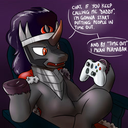 Size: 3500x3500 | Tagged: safe, artist:timsplosion, king sombra, pony, unicorn, g4, controller, crossed legs, dialogue, frog (hoof), high res, hoof hold, magnetic hooves, male, sitting, solo, speech bubble, stallion, underhoof, xbox 360 controller, xbox controller