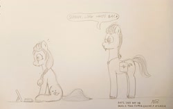 Size: 3848x2422 | Tagged: safe, artist:adamv20, argyle starshine, sunny starscout, earth pony, pony, g5, atg 2023, backpack, book, crying, glasses, high res, newbie artist training grounds, picture frame, traditional art