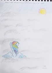 Size: 2832x3958 | Tagged: safe, artist:adamv20, rainbow dash, pegasus, pony, g4, atg 2023, cloud, female, high res, mare, newbie artist training grounds, on a cloud, solo, spread wings, sun, traditional art, wings