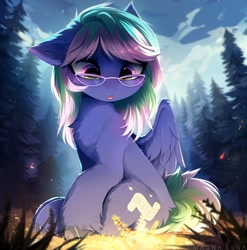 Size: 2023x2048 | Tagged: safe, artist:magnaluna, oc, oc only, oc:liber libri, pegasus, pony, chest fluff, ear fluff, eye clipping through hair, eyebrows, eyebrows visible through hair, female, forest, glasses, high res, mare, open mouth, partially open wings, pegasus oc, solo, unshorn fetlocks, wings