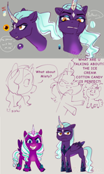 Size: 1920x3214 | Tagged: safe, artist:mythical artist, misty brightdawn, opaline arcana, oc, alicorn, pony, unicorn, g5, 2022, bust, curved horn, dialogue, female, frown, gray background, grin, horn, mare, ponysona, redesign, sharp teeth, simple background, smiling, teeth