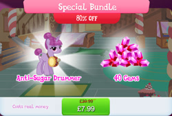 Size: 1267x858 | Tagged: safe, gameloft, drum beet, pony, unicorn, g4, my little pony: magic princess, bundle, costs real money, drums, english, female, gem, horn, mare, mobile game, musical instrument, numbers, sale, solo, text