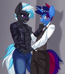 Size: 2650x3000 | Tagged: safe, artist:up1ter, oc, oc only, oc:irregalia, oc:marquis majordome, earth pony, unicorn, anthro, blushing, clothes, collar, domination, duo, glasses, high res, jacket, leather, leather jacket, open clothes, open shirt, suit