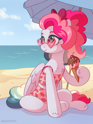 Size: 2304x3072 | Tagged: safe, artist:skysorbett, oc, oc only, oc:sky sorbet, pegasus, pony, beach, beach towel, beach umbrella, bow, cherry, chest fluff, clothes, curly hair, female, food, glasses, hair bow, heart shaped glasses, high res, ice cream, ice cream cone, mare, multicolored hair, ocean, pegasus oc, sitting, solo, sunglasses, swimsuit, water