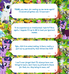 Size: 2048x2180 | Tagged: safe, gameloft, rarity, twilight sparkle, pony, unicorn, g4, my little pony: magic princess, ponies of dark water, clothes, dialogue, dialogue box, english, event, female, filly, filly twilight sparkle, foal, high res, horn, mobile game, scarf, speech bubble, text, tyrant sparkle, unicorn twilight, younger