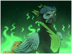 Size: 1280x960 | Tagged: safe, artist:binibean, lightning dust, pegasus, pony, g4, clothes, female, fire, green fire, helmet, looking at you, mare, solo, uniform, visor, washouts uniform