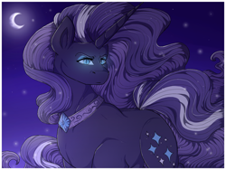 Size: 1280x960 | Tagged: safe, artist:binibean, nightmare rarity, pony, unicorn, g4, crescent moon, female, glowing, glowing eyes, looking at you, mare, moon, solo, turned head