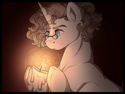 Size: 1280x960 | Tagged: safe, artist:binibean, oc, oc only, oc:bini filters, pony, unicorn, black background, candle, looking at something, simple background, solo, spectacles