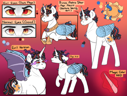 Size: 1280x960 | Tagged: safe, artist:binibean, oc, oc only, oc:astro star, alicorn, hybrid, pony, crying, eye mist, gradient background, horns, interspecies offspring, male, mismatched wings, offspring, parent:discord, parent:princess celestia, parents:dislestia, reference sheet, slit pupils, solo, stallion, wings