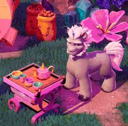 Size: 360x354 | Tagged: safe, gameloft, alphabittle blossomforth, pony, unicorn, g5, my little pony: mane merge, official, alphabetes, animated, bridlewood, concentrating, cropped, crystal, cup, cute, flower, focused, food, full body, game, game screencap, gif, levitation, magic, magic aura, male, mug, nodding, potato, smiling, solo, sparkles, stallion, tail, tail wag, tail wiggle, teacup, teapot, telekinesis