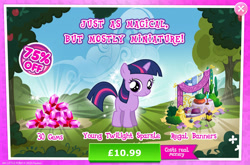 Size: 1961x1298 | Tagged: safe, gameloft, twilight sparkle, pony, unicorn, g4, my little pony: magic princess, advertisement, banner, book, bush, costs real money, english, female, filly, filly twilight sparkle, foal, gem, horn, mare, mobile game, numbers, sale, solo, text, unicorn twilight, younger