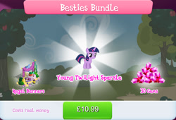 Size: 1267x861 | Tagged: safe, gameloft, twilight sparkle, pony, unicorn, g4, my little pony: magic princess, banner, book, bundle, bush, costs real money, english, female, filly, filly twilight sparkle, foal, gem, horn, mare, mobile game, numbers, sale, solo, text, unicorn twilight, younger