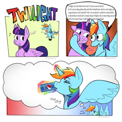 Size: 1238x1232 | Tagged: safe, artist:balileart, rainbow dash, twilight sparkle, alicorn, pegasus, pony, g4, alicornified, comic, dialogue, drink, drinking, duo, eyes closed, face grab, female, grin, hoof on face, imagine spot, magic, mare, pepsi, personal space invasion, race swap, rainbowcorn, simple background, smiling, soda, soda can, speech bubble, sweat, sweatdrop, telekinesis, thought bubble, twilight sparkle (alicorn), white background