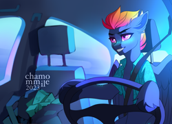 Size: 3237x2340 | Tagged: safe, artist:chamommile, oc, oc only, oc:slipstream, pegasus, pony, bag, car, car interior, car seat, clothes, commission, driving, ear fluff, ears up, half body, high res, light, lightning, looking up, male, money, money bag, pegasus oc, pink eyes, sitting, smiling, solo, wings, ych result