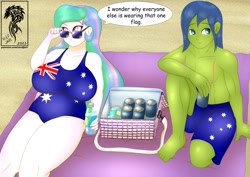 Size: 1754x1240 | Tagged: safe, artist:wolfjarl, princess celestia, principal celestia, oc, oc:rally flag, human, equestria girls, g4, australia, beach, big breasts, board shorts, breasts, canon x oc, clothes, cooler, dialogue, drink, duo, female, male, one-piece swimsuit, rallylestia, scar, shipping, straight, sunglasses, swimsuit, towel