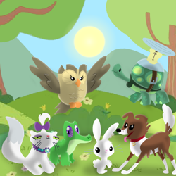 Size: 1400x1400 | Tagged: safe, artist:mlplary6, angel bunny, gummy, opalescence, owlowiscious, tank, winona, alligator, bird, cat, dog, owl, rabbit, tortoise, g4, animal, female, flying, friends, looking at you, male, pet, pet six, sitting, smiling, smiling at you, sun, tree