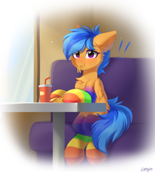 Size: 5400x6000 | Tagged: safe, artist:lunylin, oc, oc only, oc:eclair winglain, pegasus, pony, absurd resolution, blushing, chest fluff, clothes, cup, drink, ear fluff, eating, exclamation point, fast food, female, food, french fries, herbivore, looking at you, mare, pegasus oc, rainbow socks, sitting, socks, solo, striped socks, table