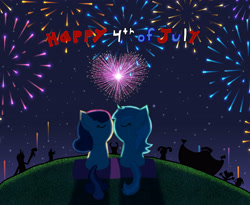 Size: 4127x3392 | Tagged: safe, artist:pokeneo1234, bon bon, lyra heartstrings, sweetie drops, g4, 4th of july, amanda the adventurer, backlighting, big man, big man (splatoon), crossover, duo, female, fireworks, garten of banban, gromit, hill, holiday, hollow knight, mare, mirphy fotoparat, night, opila bird, shipping, smile for me, splatoon, splatoon 3, the knight (hollow knight), wallace and gromit