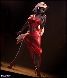 Size: 3291x3840 | Tagged: safe, artist:steamyart, oc, oc only, oc:velvet remedy, unicorn, anthro, plantigrade anthro, fallout equestria, 3d, clothes, dress, floppy ears, glowing, glowing horn, high heels, high res, horn, midriff, shoes, singing, solo