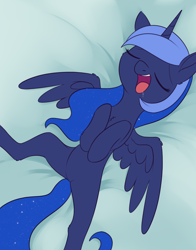 Size: 1620x2070 | Tagged: safe, artist:dusthiel, princess luna, alicorn, pony, g4, atg 2023, belly, chest fluff, cute, drool, drool on face, ear fluff, ethereal mane, ethereal tail, eyes closed, female, leg fluff, lunabetes, lying down, majestic as fuck, mare, newbie artist training grounds, on back, open mouth, relaxing, sleeping, snoring, solo, tail