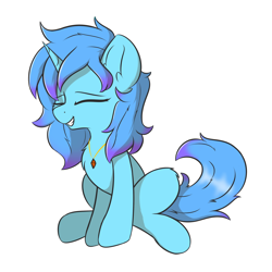 Size: 1502x1502 | Tagged: safe, alternate version, artist:hcl, oc, oc only, oc:zerol acqua, pony, unicorn, eyes closed, horn, jewelry, necklace, simple background, sitting, smiling, solo, two toned mane, white background