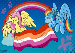 Size: 1280x904 | Tagged: safe, artist:shiiiny, fluttershy, rainbow dash, butterfly, pegasus, pony, g4, cloud, duo, eyes closed, female, flag, flying, hoof hold, lesbian, lesbian pride flag, mare, open mouth, open smile, pride, pride flag, pride month, rainbow, ship:flutterdash, shipping, signature, sky, smiling, spread wings, wings