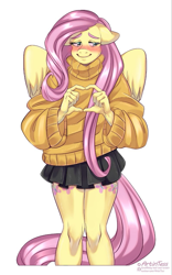 Size: 797x1280 | Tagged: safe, artist:artintess, fluttershy, pegasus, anthro, g4, blushing, both cutie marks, clothes, female, floppy ears, heart hands, simple background, skirt, solo, stupid sexy fluttershy, sweater, sweatershy, white background