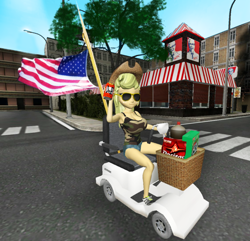 Size: 1122x1080 | Tagged: safe, artist:oatmeal!, applejack, human, equestria girls, g4, 3d, 4th of july, alcohol, american flag, beer, beer can, breasts, busty applejack, camouflage, chips, clothes, doritos, food, freedom, gmod, holiday, kfc, mobility scooter, murica, shorts, solo, sunglasses, tank top, united states