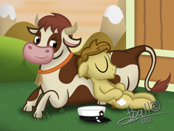 Size: 3264x2448 | Tagged: safe, artist:tidmouthmilk12, oc, oc only, oc:tidmouth milk, cow, earth pony, pony, atg 2023, bell, cloven hooves, cowbell, duo, field, grass, hat, high res, horns, lying down, newbie artist training grounds, signature, size difference, sleeping, sunset