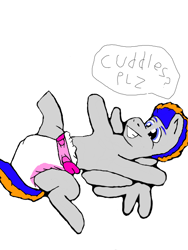 Size: 512x680 | Tagged: safe, artist:cavewolfphil, oc, oc:thunder heart, pegasus, pony, abdl, diaper, diaper fetish, fetish, legs in air, lying down, male, non-baby in diaper, simple background, smiling, speech bubble, stallion, white background