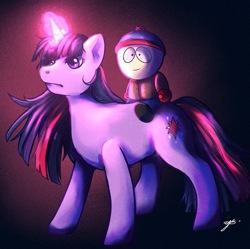 Size: 827x825 | Tagged: safe, artist:aquaviolin123, twilight sparkle, human, pony, unicorn, g4, crossover, duo, glowing, glowing horn, horn, magic, male, redraw, riding, riding a pony, south park, stan marsh, unicorn twilight
