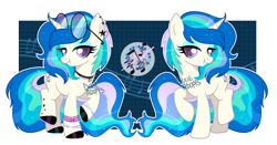 Size: 3956x2074 | Tagged: safe, artist:dixieadopts, oc, oc:wild symphony, pony, unicorn, bracelet, clothes, ear piercing, earring, ethereal tail, eyeshadow, female, glasses, glasses on head, gradient eyes, grid, grin, high res, horn, jewelry, lidded eyes, long tail, looking at you, magical lesbian spawn, makeup, mare, music notes, necklace, offspring, parent:princess celestia, parent:vinyl scratch, parents:celestiscratch, piercing, shoes, smiling, solo, sparkly mane, sparkly tail, standing on two hooves, tail, unicorn oc