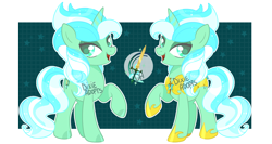 Size: 3956x2102 | Tagged: safe, artist:dixieadopts, oc, oc:lava springs, pony, unicorn, alternate design, armor, eyeshadow, female, green background, green eyes, grid, high res, hoof shoes, horn, lidded eyes, makeup, mare, open mouth, parent:oc, parent:sunset shimmer, parents:canon x oc, raised hoof, simple background, smiling, solo, standing, stars, striped horn, unicorn oc