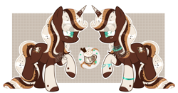 Size: 3956x2074 | Tagged: safe, artist:dixieadopts, oc, oc only, oc:frabucchino mint, pony, unicorn, bracelet, coat markings, colored hooves, colored horn, cyan eyes, female, freckles, grid, high res, horn, jewelry, mare, multicolored horn, necklace, raised hoof, simple background, socks (coat markings), solo, standing on two hooves, tan background
