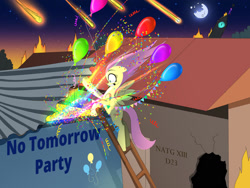 Size: 1600x1200 | Tagged: safe, artist:darksly, fluttershy, pinkie pie, pegasus, pony, g4, apocalypse, balloon, end of the world, fire, ladder, meteor, newbie artist training grounds, party, solo, streamers