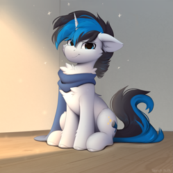 Size: 1597x1601 | Tagged: safe, artist:little-sketches, oc, oc only, oc:solar gizmo, pony, unicorn, chest fluff, clothes, commission, horn, looking at you, male, scarf, sitting, smiling, smiling at you, solo, stallion, unicorn oc
