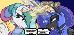 Size: 5000x2357 | Tagged: safe, artist:cuddlelamb, nightmare moon, princess celestia, princess luna, alicorn, pony, g4, crossed horns, dialogue, fight, glowing, glowing horn, horn, horns are touching, magic, speech bubble