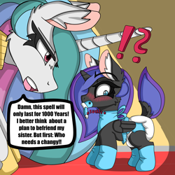 Size: 5000x5000 | Tagged: safe, artist:cuddlelamb, nightmare moon, princess celestia, princess luna, alicorn, pony, g4, age regression, blushing, clothes, dialogue, diaper, exclamation point, female, filly, foal, interrobang, nightmare woon, non-baby in diaper, pacifier, punish the villain, question mark, socks, speech bubble, younger
