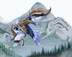 Size: 2500x2000 | Tagged: safe, artist:skyboundsiren, oc, oc only, oc:winter breeze, pegasus, pony, artfight, bracelet, female, high res, jewelry, mare, mountain, scenery, smiling, solo