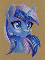 Size: 900x1200 | Tagged: safe, artist:maytee, minuette, pony, unicorn, g4, bust, colored pencil drawing, colored pupils, female, mare, paper background, portrait, solo, traditional art