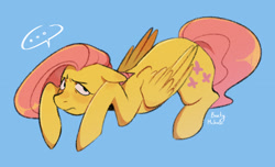 Size: 2048x1242 | Tagged: safe, artist:bertymchale, fluttershy, pegasus, pony, g4, ..., blue background, folded wings, lying down, simple background, solo, wings