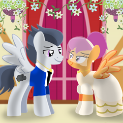 Size: 1400x1400 | Tagged: safe, artist:mlplary6, rumble, scootaloo, pegasus, pony, g4, bride, clothes, dress, female, flower, groom, husband and wife, looking at each other, looking at someone, male, mare, marriage, older, older rumble, older scootaloo, ship:rumbloo, shipping, smiling, smiling at each other, stallion, straight, tuxedo, wedding, wedding dress